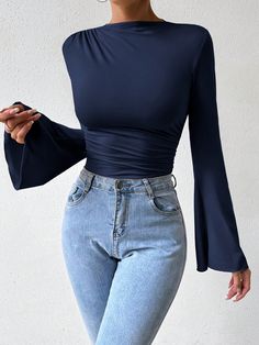 Solid Color Flare Sleeves & Pleated Bodysuit Royal Blue Casual  Extra-Long Sleeve Knitted Fabric Plain Tee Medium Stretch  Women Clothing, size features are:Bust: ,Length: ,Sleeve Length: Indigo Outfit, Blue Tops For Women, Business Casual Tops, Dark Blue Fashion, Dress Code Outfits, Royal Blue Outfits, Royal Blue Shirt, Dress Code Casual, Denim Skirt Outfits