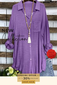 Casual Lapel Buttons-up Solid Color Linen Blouses Purple Blouse For Summer Workwear, Linen Blouses, Chic Casual, Linen Blouse, Color Pick, Sleeves Pattern, Elevate Your Style, Ladies Tops Fashion, Your Style