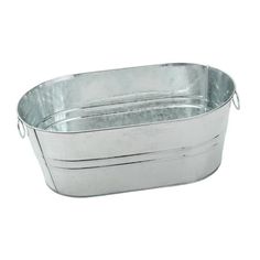 an oval metal tub with handles on the sides and bottom, sitting in front of a white background