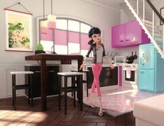 a girl standing in a kitchen next to a table