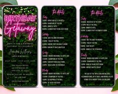 an image of a birthday party program on the back of two cell phones with pink neon lights