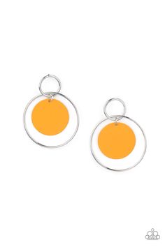 A Marigold or minty Ash Green disc swings from two interlocking silver hoops, creating a flirtatious pop of color. Earring attaches to a standard post fitting Orange Boxes, Orange Earrings, Rock Stars, Paparazzi Accessories, Matching Accessories, Paparazzi Jewelry, Affordable Jewelry, Silver Accents, Silver Hoops