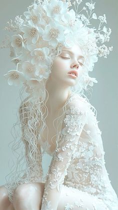 a woman with white flowers on her head and body sitting in front of a gray background