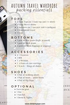 a map with the words autumn travel wardrobe packing essentials on it and a camera next to it