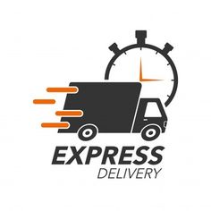 the logo for express delivery company with a truck and stopwatch on it's side