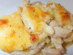 chicken and cheese casserole on a white plate