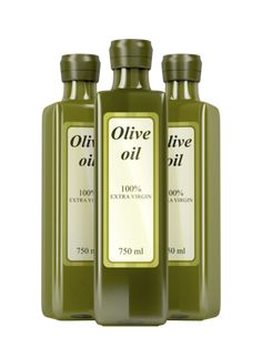 three bottles of olive oil on a white background