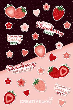 Strawberries, Hearts and Flowers Printable Stickers in Red and Pastel Pink Strawberry Aesthetic Sticker, Strawberry Sticker Aesthetic, Cute Strawberry Sticker, Strawberry Scrapbook, Strawberry Doodle, Goodnotes Aesthetic, Strawberry Printable, Strawberry Stickers, Cute Lettering