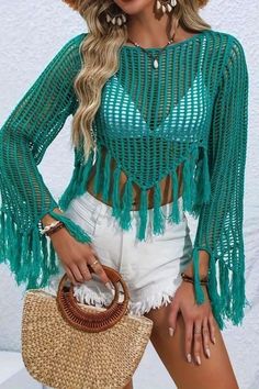 Crochet Cover Up Fringe Hem Top, Casual Beach Wear Long Sleeve Crop Sweater Green Spring Sweater For The Beach, Green Bohemian Summer Sweater, Green Long Sleeve Crochet Top For Beach, Bohemian Sweater For Beach Season Vacation, Green Long Sleeve Sweater For Vacation, Green Long Sleeve Crochet Top For Summer, Bohemian Crochet Sweater For Beach, Bohemian Crew Neck Summer Sweater, Bohemian Crew Neck Sweater For Summer