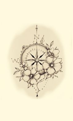 a drawing of a compass with flowers on it