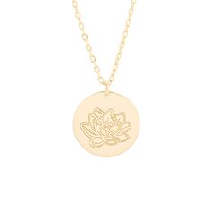 Water lilies are the July birth flowers  and this simple gold disc pendant makes a lovely birthday gift. Give them a gold necklace with meaning. July Water Lily, July Flower, July Birth Flower, Necklaces With Meaning, Coordinates Jewelry, Engraved Flower, Flower Water, Family Tree Necklace, Gold Disc