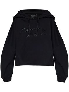 black cotton logo print to the front drawstring hood drop shoulder long sleeves ribbed cuffs straight hem Armani Sweatshirt, Armani Brand, Sweaters Black, Armani Logo, Emporio Armani Women, Italian Fashion Designers, Cotton Logo, Cotton Hoodie, Giorgio Armani