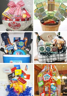 four different baskets filled with food and candy for birthdays or other special occasiones