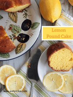 lemon pound cake on a plate with sliced lemons and two slices next to it