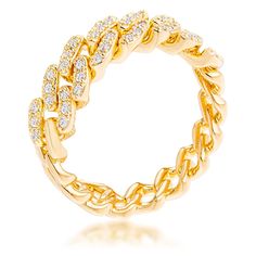 LOVCIA Elegant Gold Plated Flexible Chain Ring with Clear CZ Round Cut Stones Modern Texture, Chain Top, Simple Engagement Rings, Chain Design, Baroque Fashion, Halo Engagement Rings, Cz Ring, Wrap Rings, Brass Material