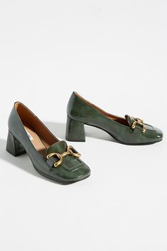 What Makes It Great : Elevate your everyday style with these chic block heels. Featuring a modern square toe and a glamorous buckle, they make a cute couple with ankle socks and a skirt. | Valencia Heels by Bibi Lou in Green, Women's, Size: 40:9.5-10, Leather/Rubber at Anthropologie Grey Heels, Spot Lights, Green Square, Modern Square, Patent Leather Heels, Heeled Loafers, Ankle Socks, Boot Shop, Everyday Style