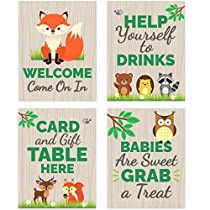 four wooden signs with animals and words on them