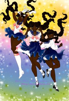 three girls in dresses are flying through the air with their arms around each other,