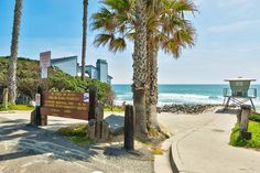 palm trees line the beach with a lifeguard tower in the background