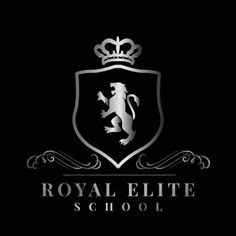 the royal eitee school logo is shown in black and white, with a silver lion