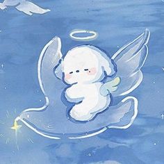 an angel sitting on top of a blue object in the water with two white doves flying around