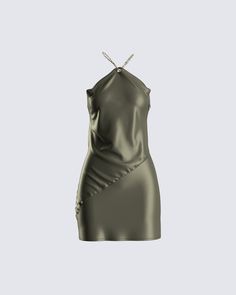 This olive green mini is serving major luxe vibes 💚 Elevate your style with this satin stunner complete with gold chain straps - the perfect look for showing up and showing out 😍 Green Satin Mini Dress, Leo Szn, Olive Colored Dress, Green Outfits For Women, Olive Green Outfit, White Corset Dress, Taurus Birthday, Lil Black Dress, Future Of Fashion