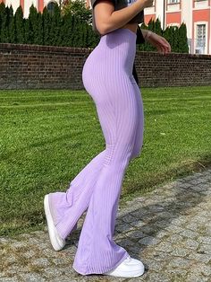 Women Fashion Striped Tight Micro Flare High Waist Casual Long Pants Violet Purple Casual   Polyester Plain Flare Leg High Stretch  Women Clothing, size features are:Bust: ,Length: ,Sleeve Length: Lavender Concert Outfit, Flares Outfit, Purple Jeans, Flared Leggings, Pants Women Fashion, Violet Purple, Women Pants, Swaggy Outfits, Short Leggings