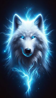 a white wolf with blue eyes and glowing hair