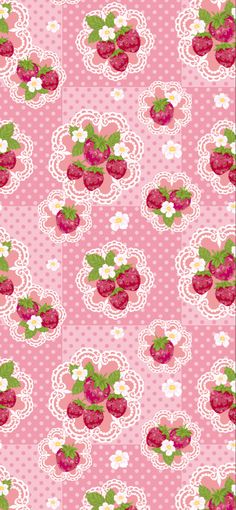 a pink background with strawberrys and polka dots