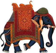 an elephant painted with colorful patterns and designs on it's back, carrying a rug