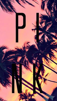 palm trees against a pink sky with the letters p and k in black on it