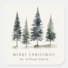 merry christmas from the williams family with watercolor pine trees on white square sticker