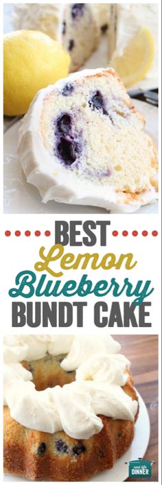 blueberry bundt cake on a white plate with lemons in the background and text overlay that reads best lemon blueberry bundt cake