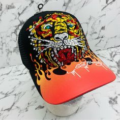 Brand New With Tags Material: 60% Cotton 40% Polyester Rhinestone Tiger Design Ed Hardy Hat Aesthetic, Ed Hardy Dragon, Ed Hardy Eagle, Ed Hardy Trucker Hat, Ed Hardy Tank Top, Camo Trucker Hat, Black Eagle, Red Skull, Tiger Design