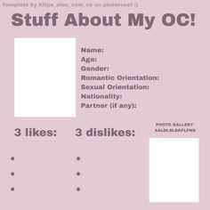 a pink poster with white squares and the words stuff about my oc on it