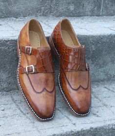 Crafted Leather Handmade Brown Leather Crocodile Alligator Monk Strap Wingtip Dress Shoes on Storenvy Monk Shoes, Quality Leather Boots, Black Men Fashion Swag, Crocodile Shoes, Custom Design Shoes, Shoe Crafts, Monk Strap Shoes, Handmade Leather Shoes, Strap Shoes