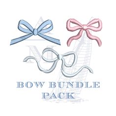 two bows and the words bow bundle pack in blue, pink, and white on a white background