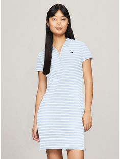 Tommy Hilfiger women's dress. Everything you love about our form fitting polos (the precise cut, flattering drape) now in a dress. Styled in bold stripes and spun from stretch cotton for the perfect contouring fit.  Material: 97% Regenerative Cotton, 3% Elastane. Classic Striped Cotton Dress, Bold Stripes, Tommy Hilfiger Women, Polo Dress, Stretch Cotton, Aesthetic Clothes, Clothes For Sale, Tommy Hilfiger, Women's Dress