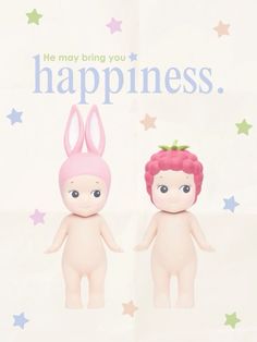 two small dolls with pink hair and blue eyes are standing next to each other in front of a happy birthday card