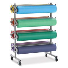 a multicolored rolling rack with six rolls