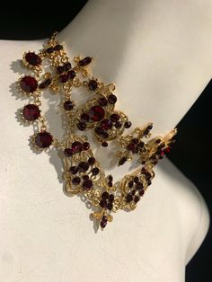 Princess Choker Red and Gold. - Etsy Red Black Gold Dresses, Gold Vampire Aesthetic, Luxury Red Choker For Gift, Red And Gold Accessories, Red Metal Choker For Party, Costume Jewelry Choker With Jewels As Gift, Gold Garnet Jewelry For Wedding, Red Choker With Adjustable Chain For Gifts, Red Choker With Adjustable Chain As Gift