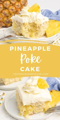 pineapple poke cake with white frosting and pineapples in the background on plates