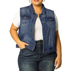 About us: A female plus-size brand inspired by the need of its customers. We hope our clothing can match you into various occasions, by the proper tailoring to show your perfect curve and the comfortable fabrics enables you a pleasant experience. Elevate your cool style with this denim vest! A basic collar, buttoned front, and two buttoned chest pockets are all the classic details you will love flaunting all over town. Size: 2x. Color: blue. Age Group: adult. Pattern: Solid. Material: Cotton. Sleeveless Jean Jackets, Cute Maxi Dress, Denim Vests, Womens Coats, Women Coats, Plus Size Brands, Women's Coats & Jackets, Denim Vest, Single Breasted