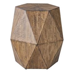 a wooden stool that is made out of wood and has geometric designs on the top