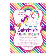 a birthday card with an image of a unicorn on the front and rainbow stripes in the back