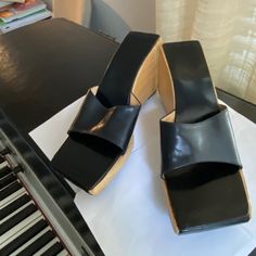 Hermes Black Leather Wedge . Size 40. 10.5@ Long Following Slope. 4” Heel Height. 1” Toe Platform Thickness. Cream Sandals, Wooden Wedges, Black Leather Wedges, Hermes Shoes, Womens Shoes Wedges, Black Cream, Wedge Heels, Heel Height, Black Leather