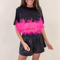 -63% Rayon, 31% Nylon, 6% Spandex - True to size - Model is pictured in a size small Pink Feather Top, Feather Top, Feather Tops, Pink Feathers, Skater Skirt, Tulle Skirt, Hot Pink, Spandex, Pink