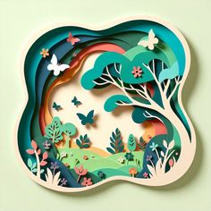 a cut out of paper with trees and butterflies in the forest, on a green background