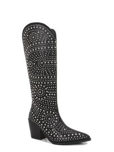 Western Boots With Rhinestone Rivets For Winter, Western Winter Boots With Rhinestone Rivets, Edgy Boots With Rhinestone Rivets And Round Toe, Trendy Pointed Toe Boots With Rhinestone Rivets, Edgy Rhinestone Riveted Round Toe Boots, Edgy Studded Pointed-toe Boots, Fall Rhinestone Riveted High Heel Boots, Edgy Winter Boots With Silver Studs, High Heel Boots With Rhinestone Rivets For Fall