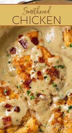 chicken in brown gravy with bacon bits. New Simple Dinner Ideas, Fabulous Dinner Recipes, Best Chicken Dishes Dinners, Dinner Ideas Easy Crockpot Simple, Cozy Quick Dinner, Smothered Chicken Crockpot Recipes, Homestyle Recipes Comfort Foods, Skillet Chicken Recipes Simple, Quick Dinner Casserole Recipes